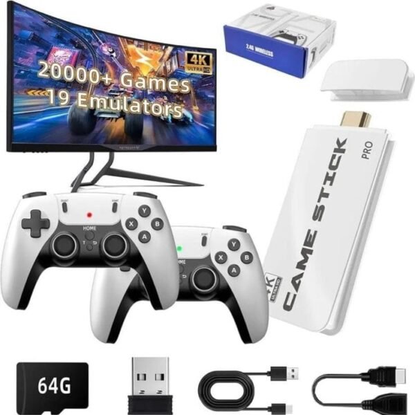 Game Stick Console Pro 2.4G Dual Wireless Game box video games 64 GB with Tekken 3, Contra & Metal Slug, Super Mario Bros, Snow Bros, Mustafa, Many More (White, 2 Gaming Consoles With Memory Stick)